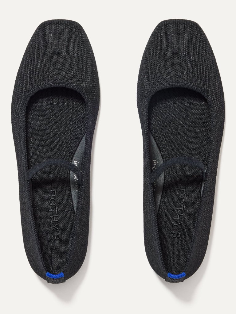 Rothy's Black Knit Mary Jane Flats With Blue Heel Tab